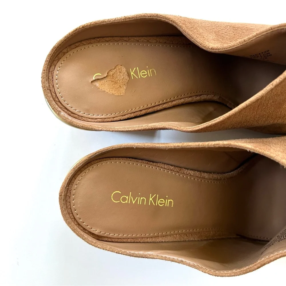 Calvin Klein Cognac Brown Leather Suede Snakeskin Embossed Heeled Judia Mules - Picture 9 of 11